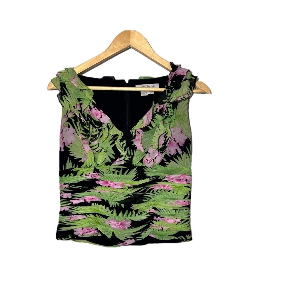 Kay Unger 100% silk Women's Sleeveless Top Flowered tropical Luau ruffled 10